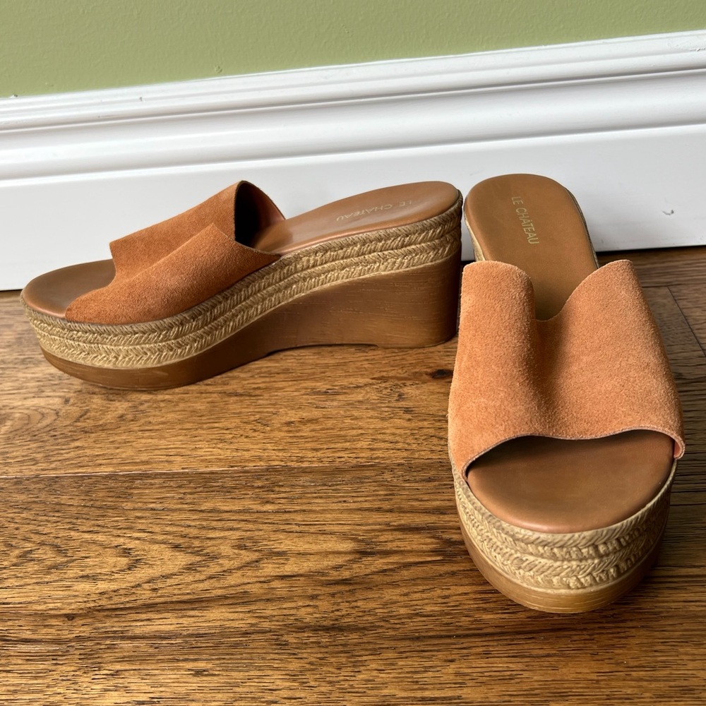 Le Chateau Leather Platform Wedge Espadrilles Mules Tan Sandal